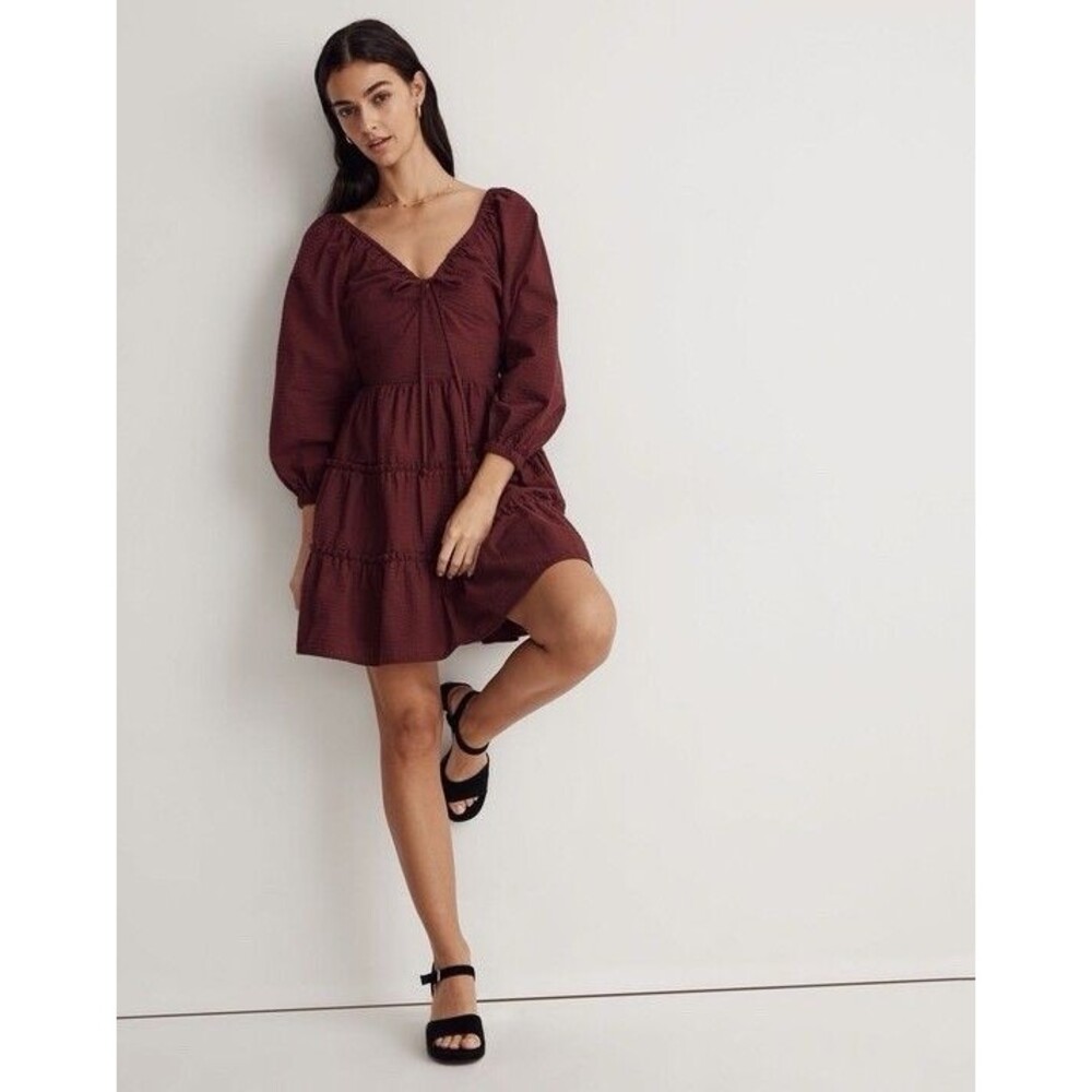 Madewell Amalia Tiered Mini Dress 12 Plum Cabernet Burgundy Long Bubble Sleeve